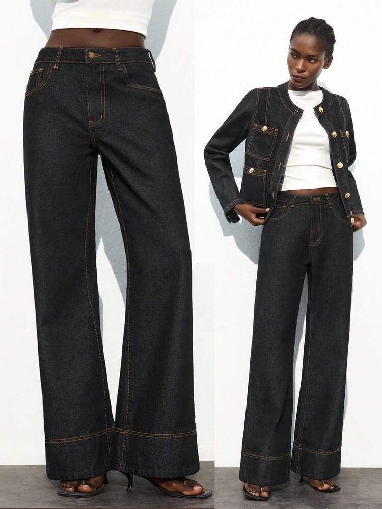 SHEIN Maija Women's Dark Blue Jeans Retro Low Waist Straight Pants Old Money Style Autumn Workplace Women's Clothing