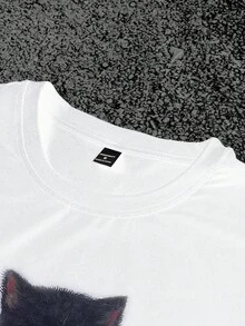 Manfinity Dauomo 男士复古风格白色 T 恤，配吸烟猫图案，Y2K 复古 T 恤，猫 T 恤，时尚街头服饰图案 T 恤 - 白色 - 查看 5