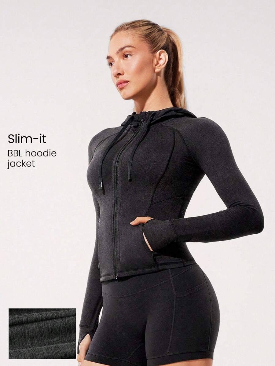 舒适廓形柔软弹力耐用拉链侧袋修身拉链夹克连帽衫瑜伽普拉提工作室日常休闲装 - 黑色 - 查看 1
