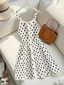 SHEIN Raffinéa 全新时尚设计高品质波尔卡圆点黑白法式束腰女士吊带裙，夏季 - 黑與白 - 查看 1