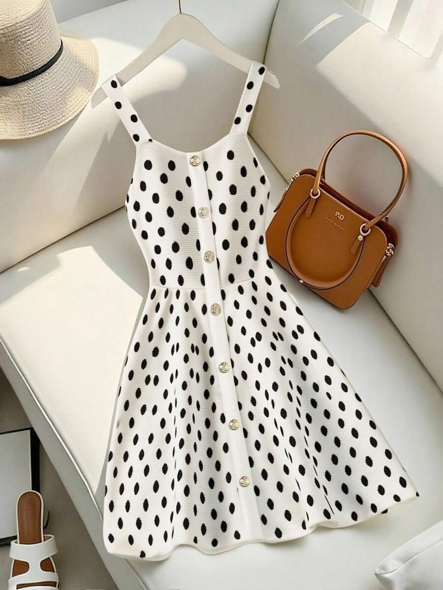 SHEIN Raffinéa 全新时尚设计高品质波尔卡圆点黑白法式束腰女士吊带裙，夏季 - 黑與白 - 查看 1