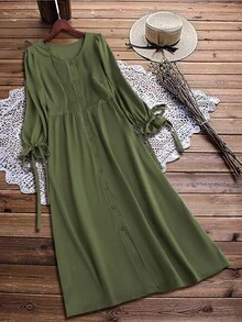 Linhara Plus Size Women Solid Color Long Sleeve Round Neck Pleated Front Loose Fit Elegant Vintage Versatile Casual Dress Fall Cloth For Women - Army Green - View 1