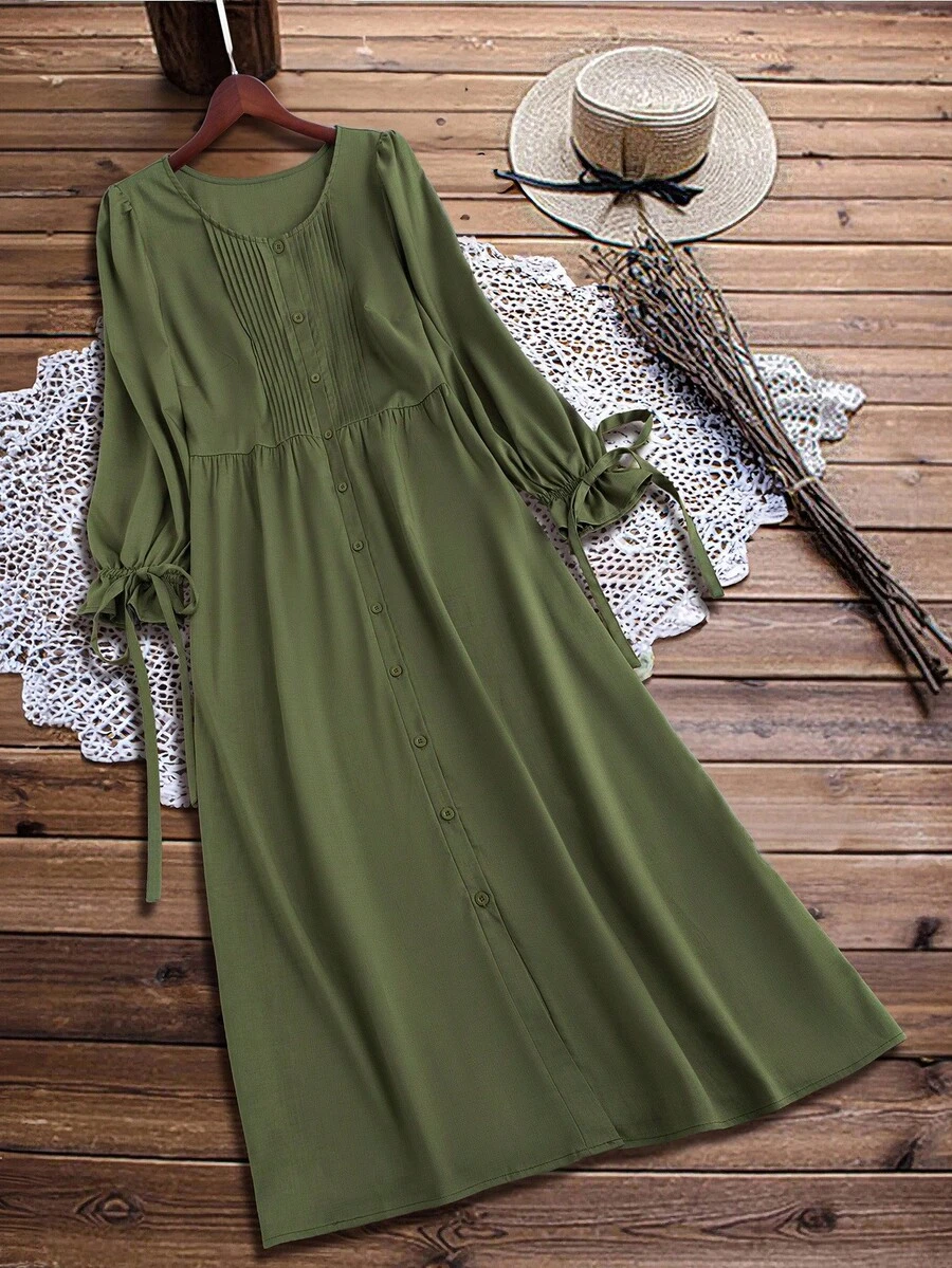 Linhara Plus Size Women Solid Color Long Sleeve Round Neck Pleated Front Loose Fit Elegant Vintage Versatile Casual Dress Fall Cloth For Women - Army Green - View 1
