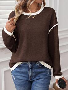 SHEIN LUNE Felpa casual a maniche lunghe con blocchi di colore per donna in autunno/inverno, casual - Caffè Marrone - Visualizzare 5