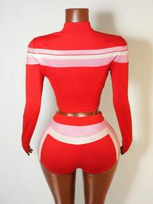 BamGleam 女士街头服饰撞色拉链开衫和吊带背心搭配短裤套装 - 彩色 - 查看 2