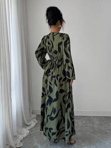 Elenzga Women's Elegant Fashion Commuter Casual Comfortable Charming Retro Long Sleeve V-Neck Waist Gathered A-Line Pleated Hem Long Printed Dress (Random Print) - Green - View 2