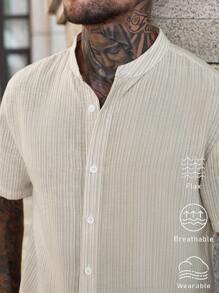 Manfinity CasualCool 2pcs Linen Striped Collar Short Sleeve Shirt Set - Multicolor - View 3