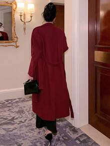 DAZY Women's Loose Waist Long Overcoat With Scarf Collar, Casual City Style,New Year - Burgundy - View 6