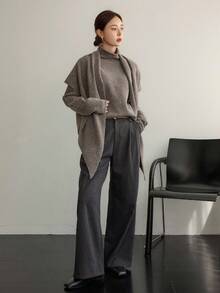 Dazy-Less 女士宽松商务休闲斗篷式针织毛衣套装，适合秋冬季办公室穿着 - 棕色 - 查看 10