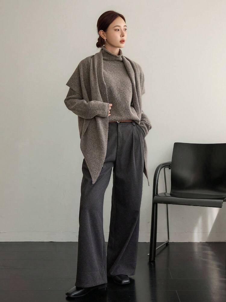 Women's Loose Business Casual Poncho Style Knit Sweater Set, Suitable For Office Wear In Autumn And Winter