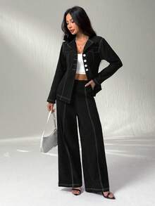 SHEIN PETITE 纽扣长袖衬衫和休闲裤套装 - 黑色 - 查看 4