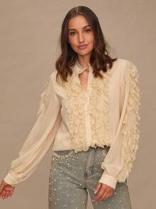 Enchnt Fall/Winter Romantic Women's Elegant Fashion Apricot Casual Romantic Lace Trim Button-Up Long Sleeve Shirt,Sweet&Elegant For Vacation&Date&Holiday&Wedding Guest&Beach&Afternoon Tea,Vestidos Elegantes De Mujer,Vestidos Elegantes Para Fiesta,Fall Shirt For Women,Autumn Clothes