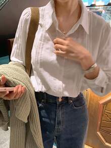 DAZY 纯色纽扣前衬衫，长袖上衣秋季 - 白色 - 查看 6