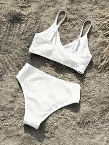 SHEIN Bộ đồ bơi hai dây dệt kim trơn màu cho bé gái tuổi mới lớn, mùa xuân/hè - trắng - Xem 2