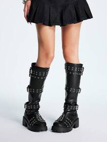 Sugerpunk Women's Dark Punk Rock Boots With Belt Buckle, Y2K Gothic Boots With Side Zipper, Knight Leather Thigh High Boots - Black - View 5