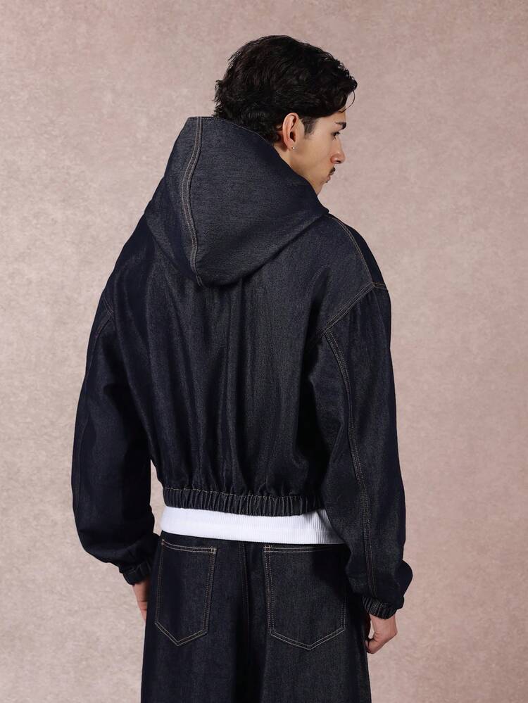 Hooded Denim Jacket With Elastic Hem And Zipper