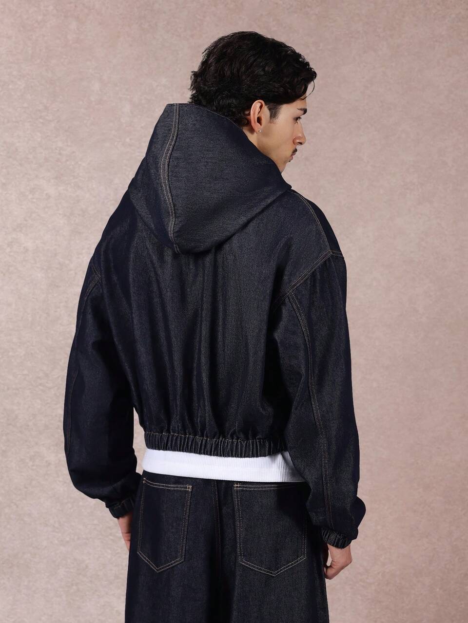 Hooded Denim Jacket With Elastic Hem And Zipper