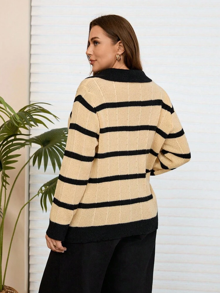 Plus Size Elegant Striped Collared Pullover Sweater, Suitable For Everyday Wear, Autumn/Winter