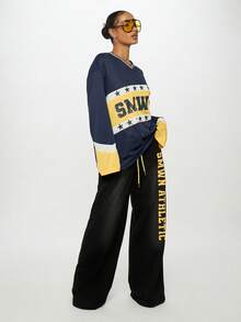 SUMWON WOMEN 宽腿学院风慢跑裤抽绳腰宽松街头风格嘻哈休闲运动裤秋冬家居服 - 黑色 - 查看 4