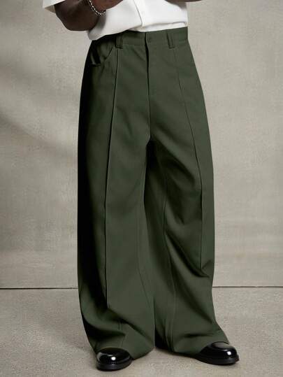 PAVTROS Manfinity Streetrush Men's Casual Solid Color Wide Leg Pants Olive Green Pants Wide Leg Pants, For Fall
