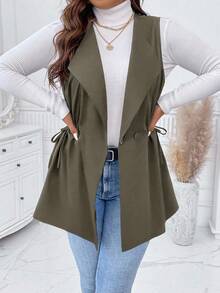 Calvaya Plus Size Solid Color Drawstring Waist Sleeveless Casual Versatile Jacket - Army Green - View 6