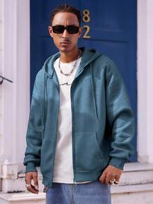 Manfinity Dauomo Sweatshirt Hoodie Lengan Panjang Pria Warna Polos Kasual Serbaguna untuk Sehari-hari, Musim Gugur - Teal Blue - View 4