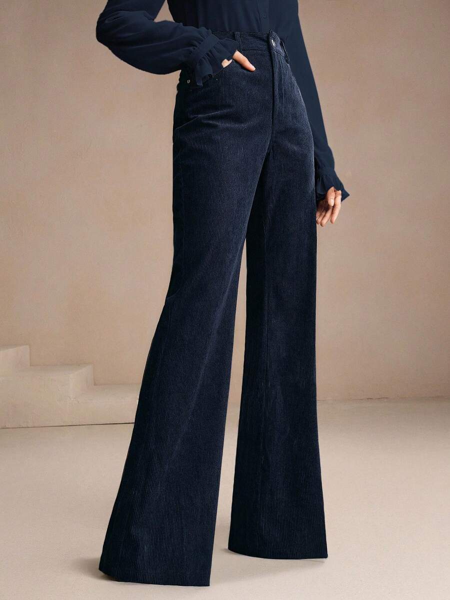 Anewsta 女士海军蓝灯芯绒喇叭裤，铆钉口袋设计，优雅商务休闲风，适合春秋季穿着 - 藏蓝色 - 查看 1