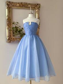 Lovelzi 优雅浪漫的蓝色欧根纱褶皱钢圈收腰喇叭长裙，适合生日派对、约会、婚礼、晚会、舞会礼服 - 藍色 - 查看 4