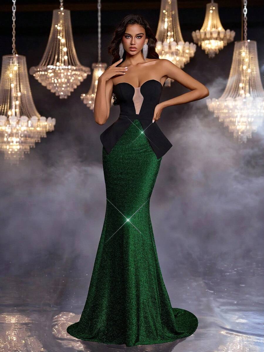 Glamrae Elegante, romántico, sexy, de moda, de tela de punto que se ajusta al Body, sin tirantes, que ciñe la cintura, con cola de sirena, espalda ajustable con lazada cruzada, adecuado para fiesta de cumpleaños, cita nocturna, boda, gala formal, vestido de noche formal