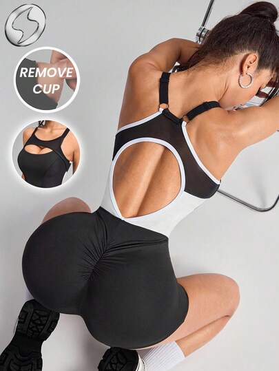 Innovista Mono de entrenamiento con detalles de contrato para mujer con sujetador incorporado, almohadillas extraíbles, de dos tonos, elástico, para yoga, gimnasio, mono de una pieza con ejercicio, con recorte de malla, diseño deportivo transpirable y estimulante para otoño, ropa deportiva informal, de oficina al gimnasio, teletrabajo, correr, ciclismo