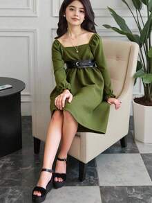 女童灯芯绒长袖方领连衣裙，优雅秋季服装配腰带 - 墨綠色 - 查看 9