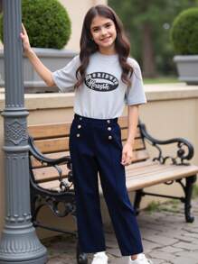 SHEIN Tween Girl Solid Color Double-Breasted Urban Tapered Pants - Navy Blue - View 9