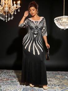 Cravure Vestido de fiesta elegante de talla grande con estampado digital de encaje