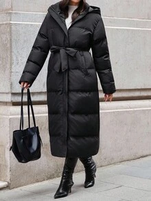 SHEIN Tall Women Padded Jacket With Side Belted Waist And Pockets, For Winter - Black - View 7