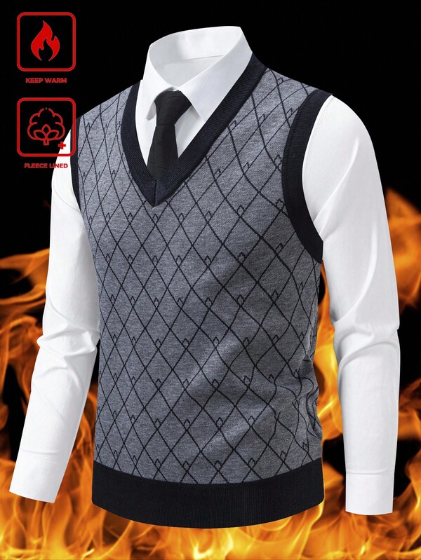 Manfinity Homme Men's Autumn/Winter Knitted Thermal Lined Sweater Vest, Old Money