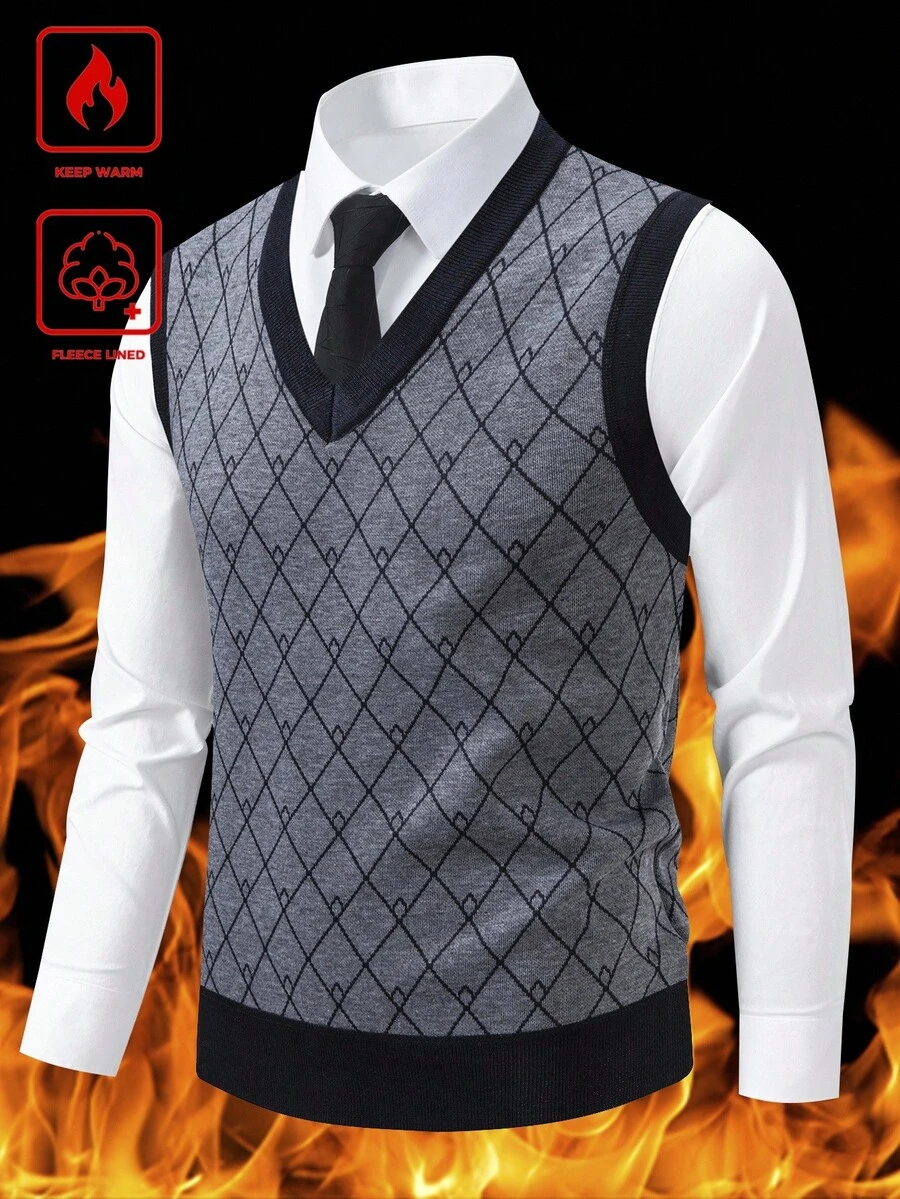 Manfinity Homme Men's Autumn/Winter Knitted Thermal Lined Sweater Vest, Old Money - Grey - View 1