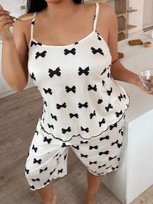 Napfluff CURVE Napfluff CURVE Plus Size Women Bow Print Camisole & 3/4 Pants Pajama Set Bow Pjs Two Piece Pajama Set - Apricot - View 5