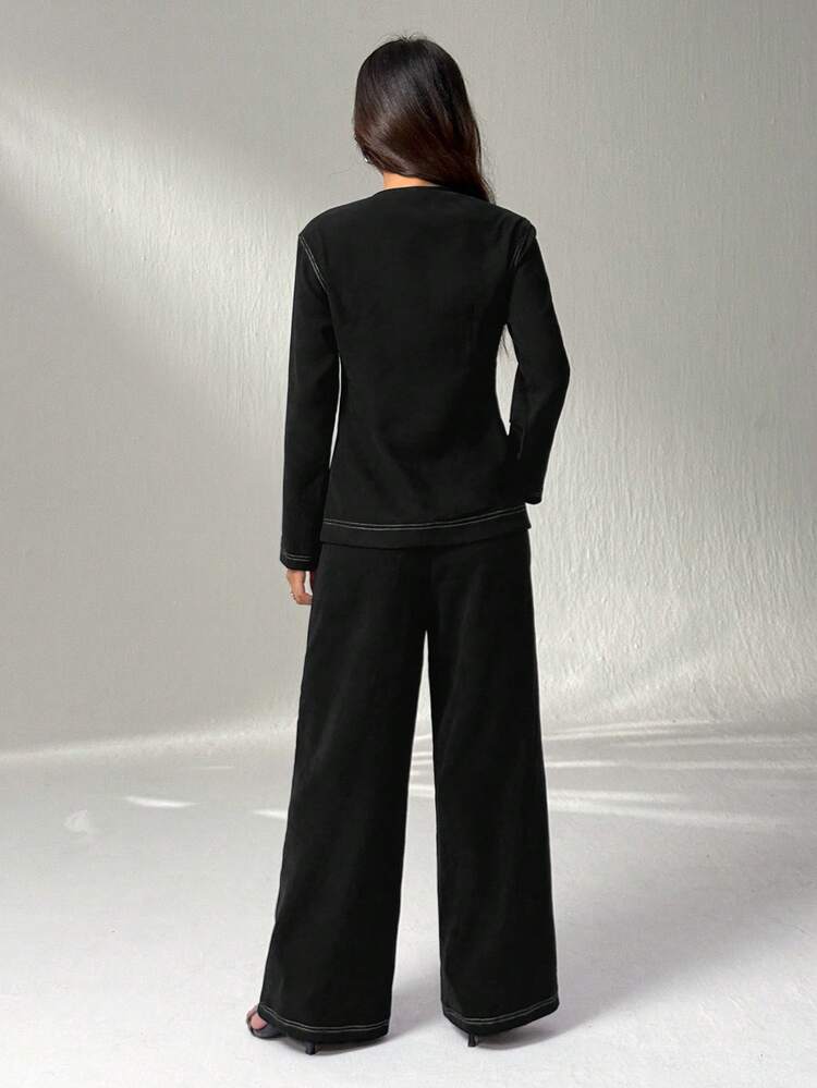 SHEIN PETITE 纽扣长袖衬衫和休闲裤套装 - 黑色 - 查看 2