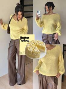 Serisse Suéter feminino casual de outono, cor creme e amarelo, em tricô felpudo com mistura de lã, ombros caídos, malha canelada, ideal para ocasiões casuais de negócios, professoras, dia a dia, deslocamentos, passeios. Nova peça essencial da moda outono 2025. Suéter feminino de inverno, suéter felpudo de inverno, suéter de inverno, suéter amarelo casual. - Amarelo - Ver 9