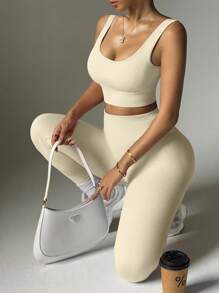 SHEIN Sports 2 件无缝高弹力瑜伽套装运动服健身套装罗纹背心收腹紧身裤健身女套装健身房女装 - 杏色 - 查看 2