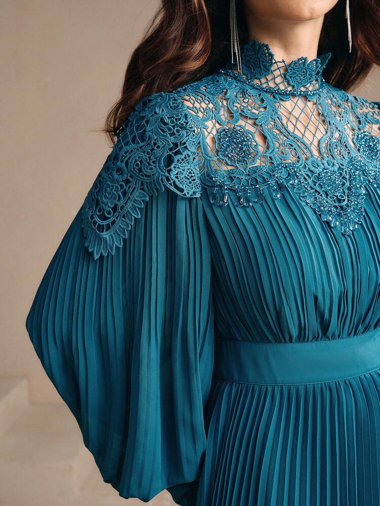 Elegant Handmade Beaded Floral Patchwork Pleated Hem Long Dress, Suitable For Fall, Autumn, Elegant, Chic, Party, Christmas, New Year, Wedding