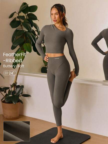 24" FeatherFit™ 소프트 스트레치 골지 솔기 분할 디자인 레깅스 저강도 요가 필라테스 스튜디오 데일리 캐주얼 웨어
