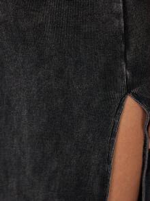 ROMWE Grunge Punk Trang phục lễ hội âm nhạc Punk Apocalyptic Wasteland có mũ trùm đầu hở lưng, buộc dây, xẻ tà cao, họa tiết bông tuyết ôm sát dành cho nữ - Màu xám đen - Xem 7