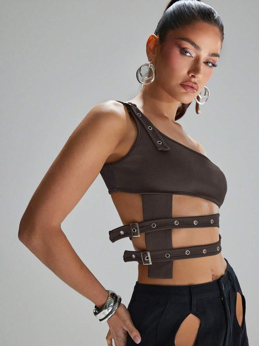 Denimoi Summer Women, Black Scuba One Shoulder Top With Cutouts And Studs, Black Top - Coffee Brown - View 1