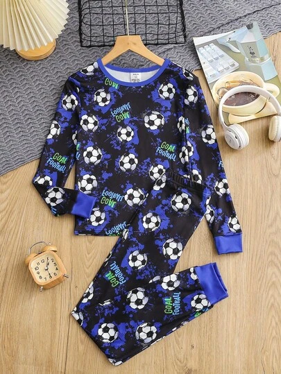 2pcs/Set Boys' Soft Comfortable Snug Fit Cartoon Football Print Pajama Set, Long Sleeve Top And Pants, Casual Loungewear For Autumn/Winter Fall