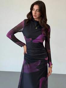 Aloruh 全新秋冬紫色扎染花卉网眼印花派对长袖修身连衣裙 - 紫色 - 查看 6