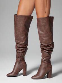 SHUZIA Women's Glamorous Pointy Toe Thigh High Block Heel Boots For Christmas - Brown - View 3