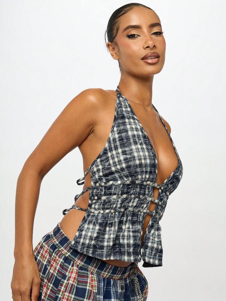 SUMWON WOMEN Gorset w kratę typu halter z ćwiekami