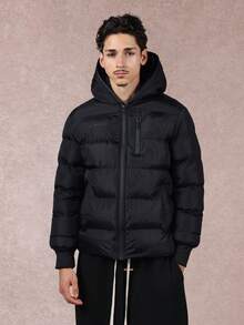 SUMWON Winter Puffer Jacket Quilted Hooded Bomber Style With Zip Pockets Ribbed Cuffs Insulated Down Alternative Coat For Cold Weather - Black - View 3
