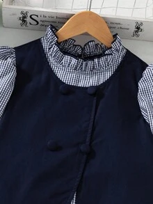 Tween Girl Plaid Patchwork Puff Sleeve Shirt And Mini Skirt Set Fall Winter - Blue - View 3